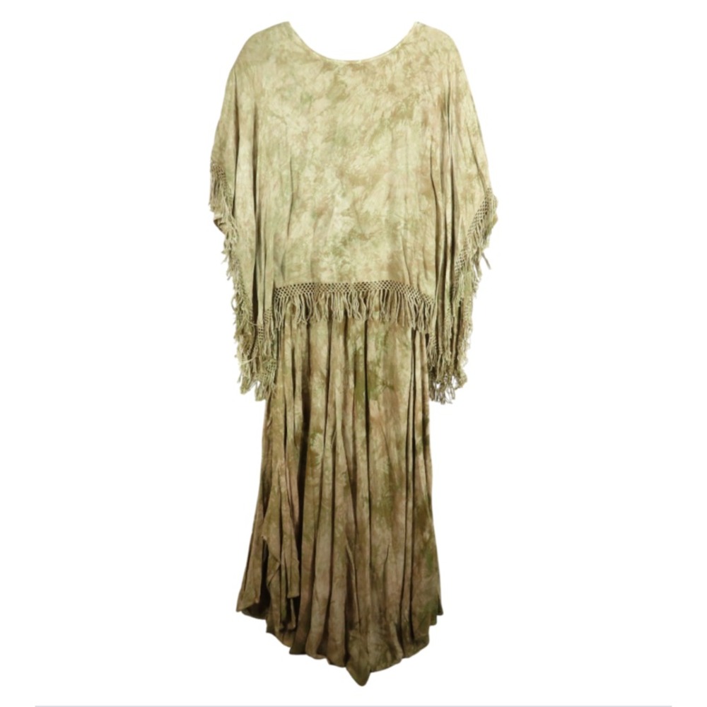TIE DYE KAFTAN MUUMUU DRESS Poncho Overlay w/Fringe MAXI BOHO ETHNIC Beige 1X - Picture 9 of 11